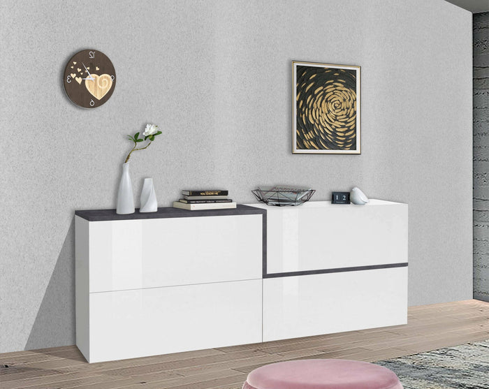 Credenza moderna a 3 Anubi, Made in Italy, Madia da cucina, Buffet di design da soggiorno, cm 210x40h80, Bianco lucido e Grigio Ardesia
