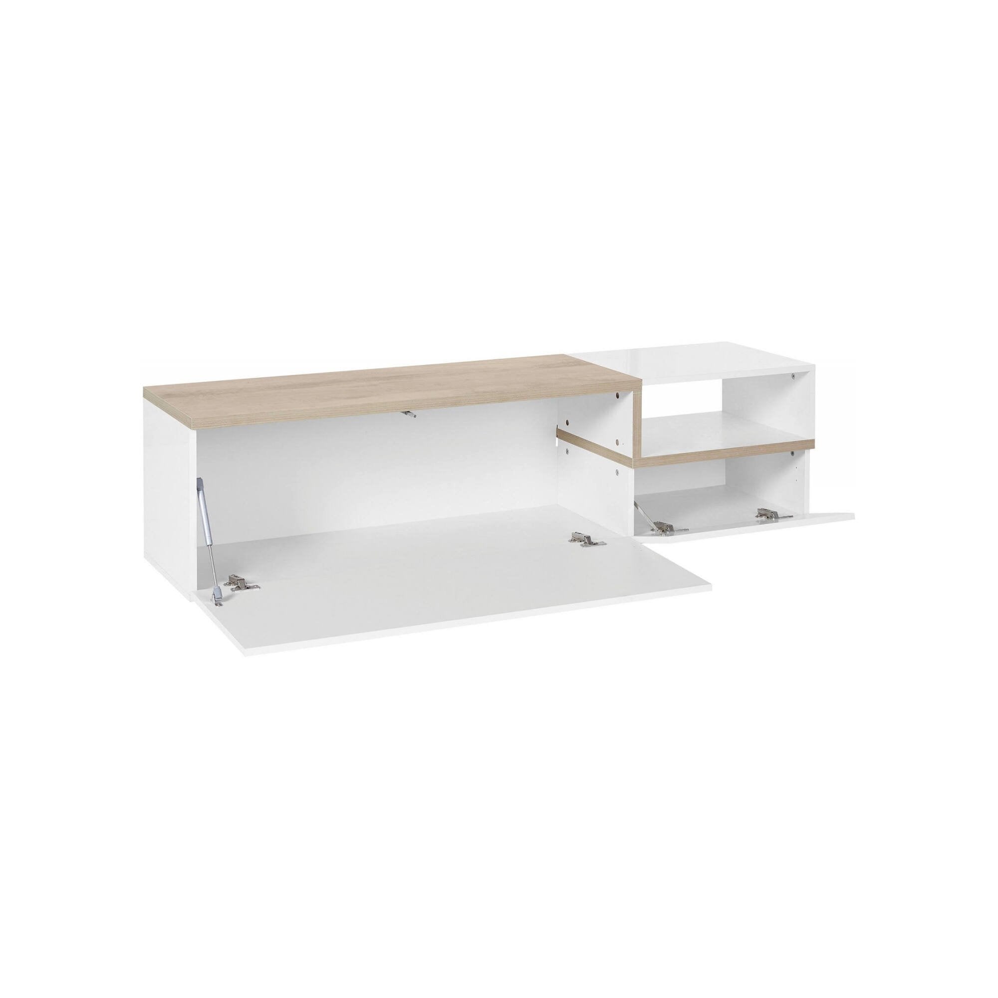Mobile da soggiorno Porta Fluorite, Made in Italy, Credenza per Fluorite a 2 ante, Porta Fluorite da salotto, cm 160x40h46, Bianco lucido e Acero