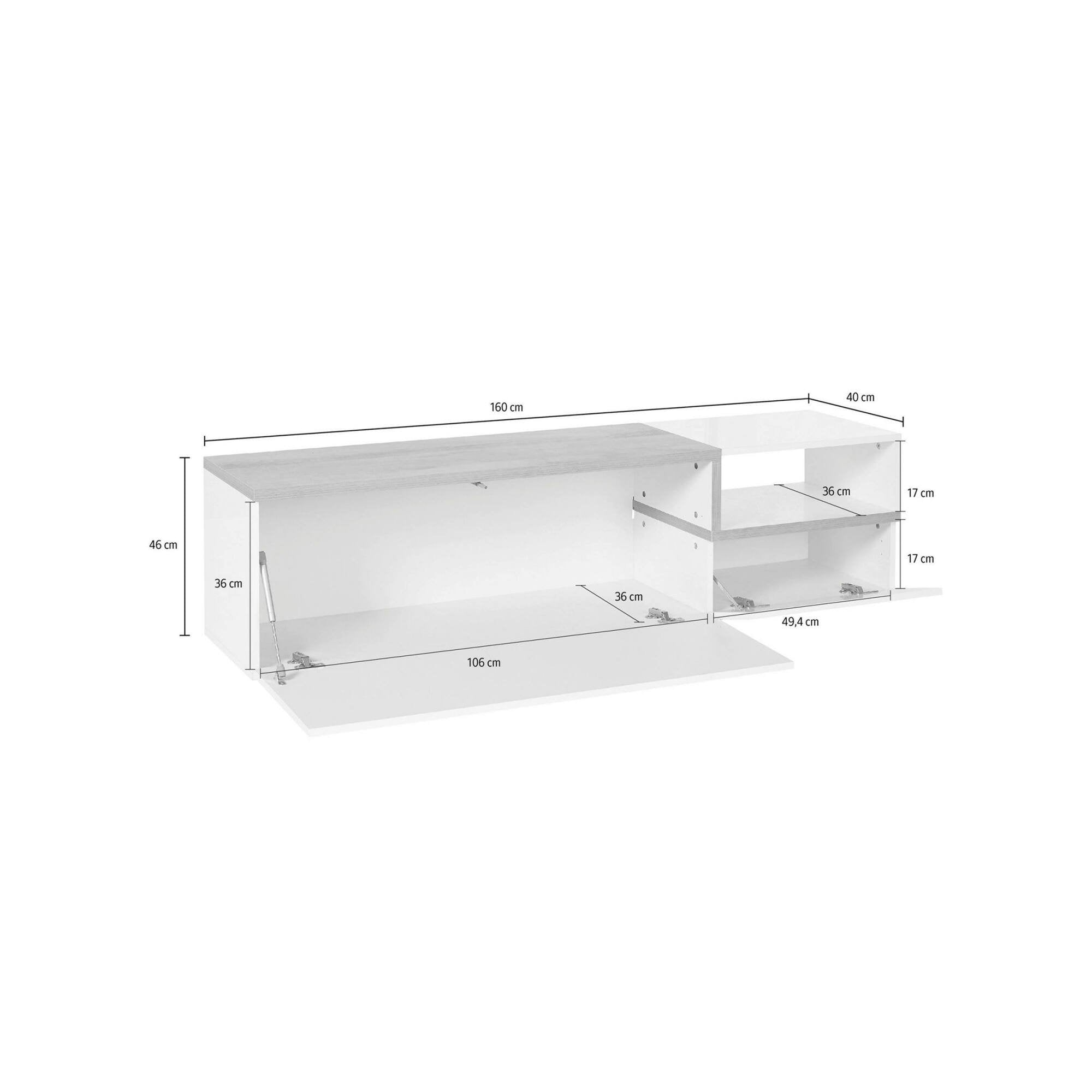 Mobile da soggiorno Porta Fluorite, Made in Italy, Credenza per Fluorite a 2 ante, Porta Fluorite da salotto, cm 160x40h46, Bianco lucido e Acero