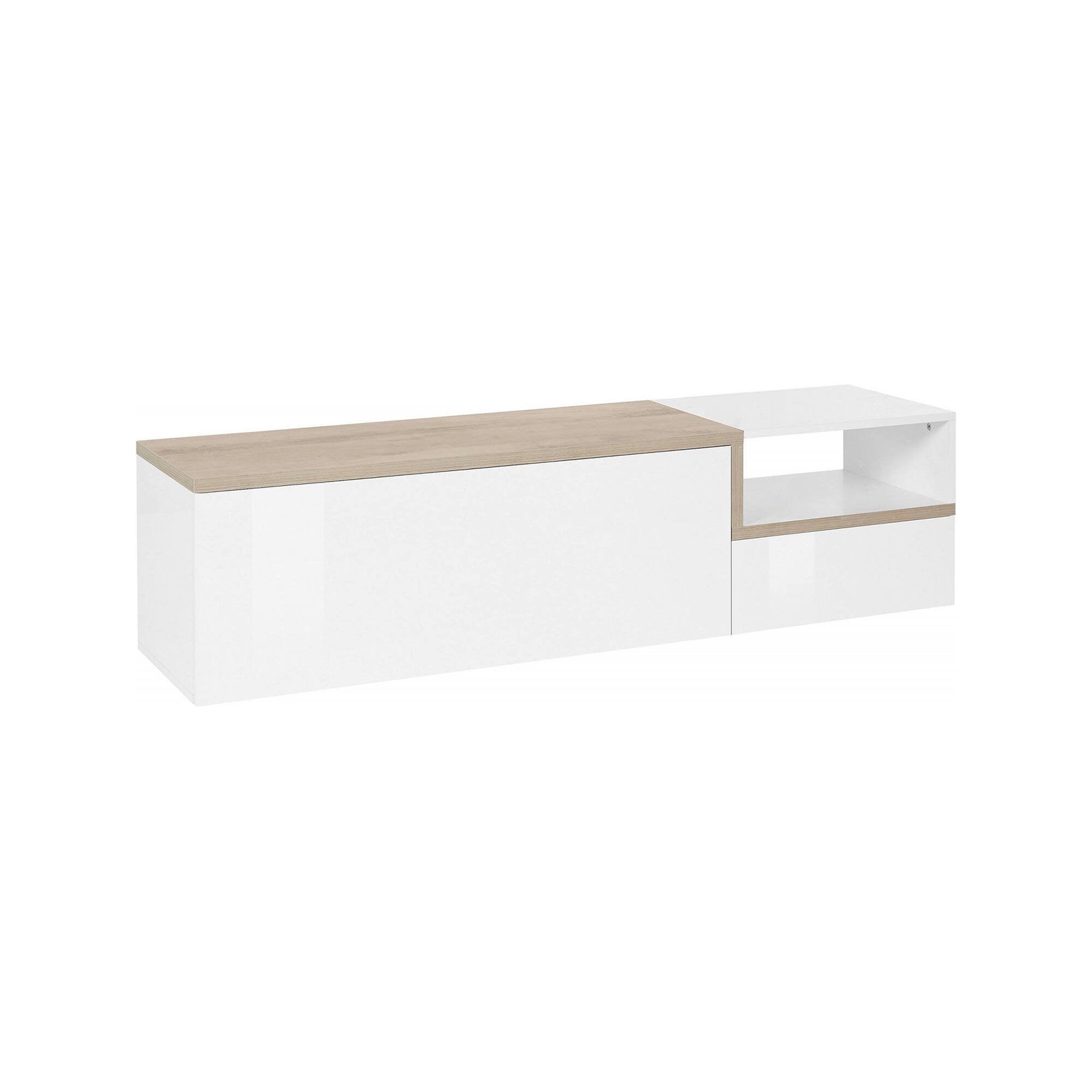 Mobile da soggiorno Porta Fluorite, Made in Italy, Credenza per Fluorite a 2 ante, Porta Fluorite da salotto, cm 160x40h46, Bianco lucido e Acero