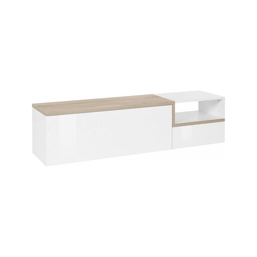 Mobile da soggiorno Porta Fluorite, Made in Italy, Credenza per Fluorite a 2 ante, Porta Fluorite da salotto, cm 160x40h46, Bianco lucido e Acero