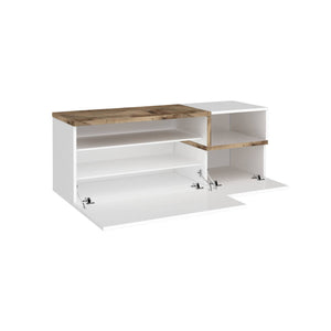 Mobile da Aska, Made in Italy, Scarpiera con ripiano, Panca a 2 ante, cm 120x40h54, Bianco lucido e Acero