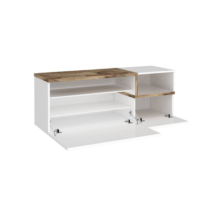 Mobile da Aska, Made in Italy, Scarpiera con ripiano, Panca a 2 ante, cm 120x40h54, Bianco lucido e Acero