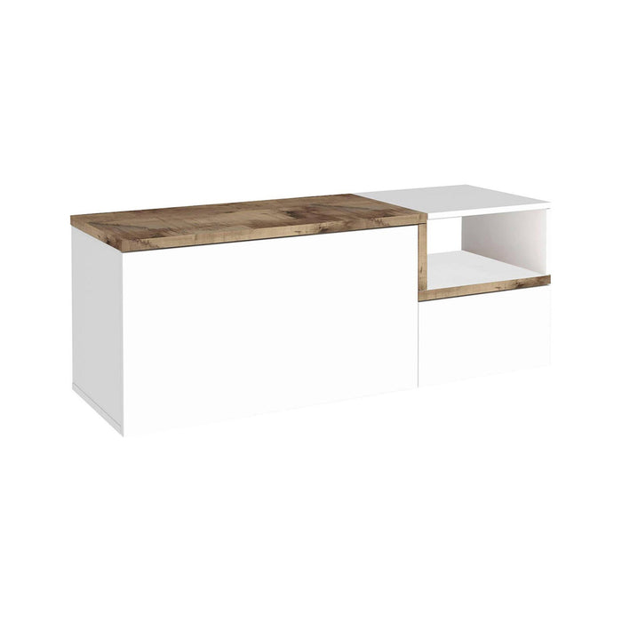 Mobile da Aska, Made in Italy, Scarpiera con ripiano, Panca a 2 ante, cm 120x40h54, Bianco lucido e Acero