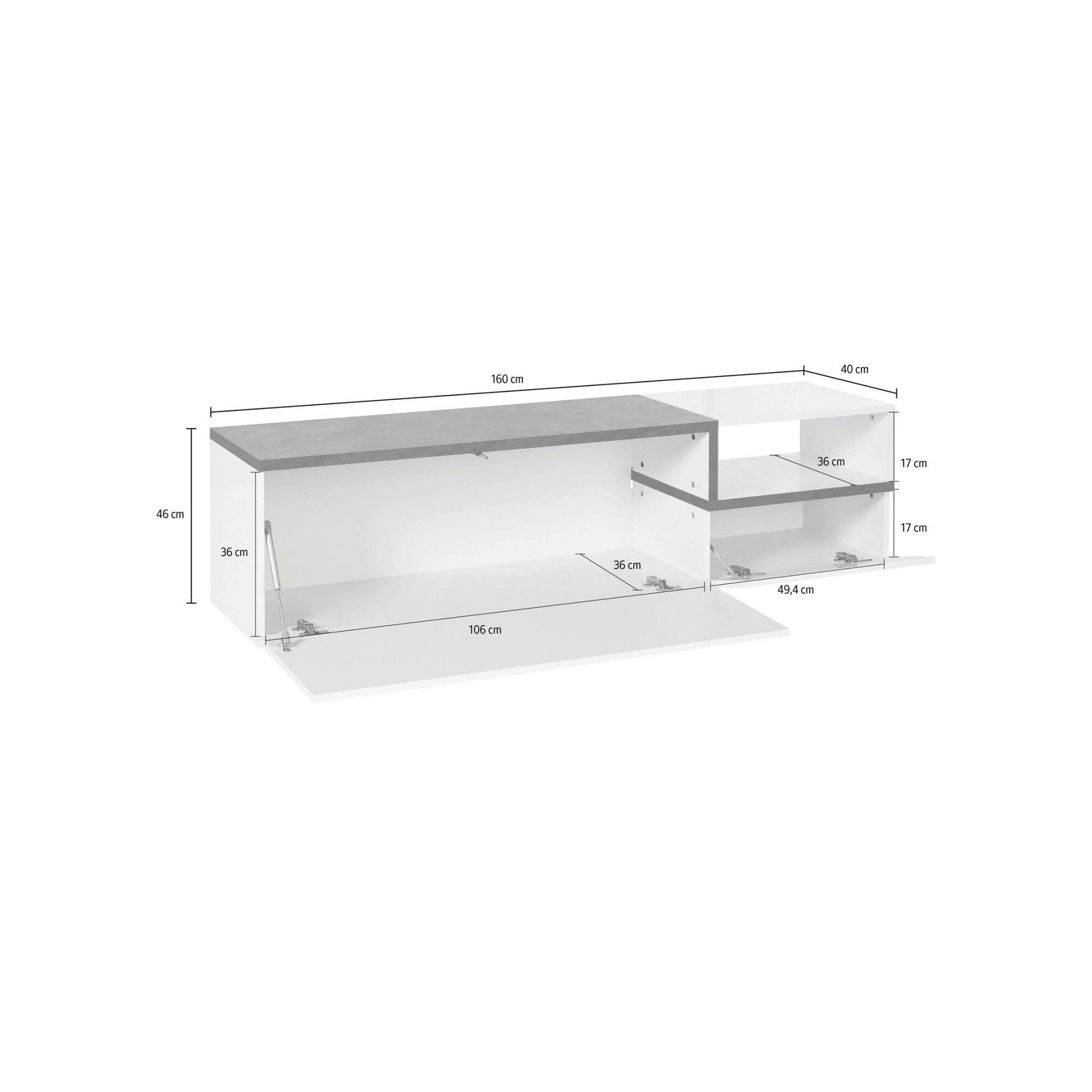 Mobile da soggiorno Porta Fluorite, Made in Italy, Credenza per Fluorite a 2 ante, Porta Fluorite da salotto, cm 160x40h46, Bianco lucido e Ardesia