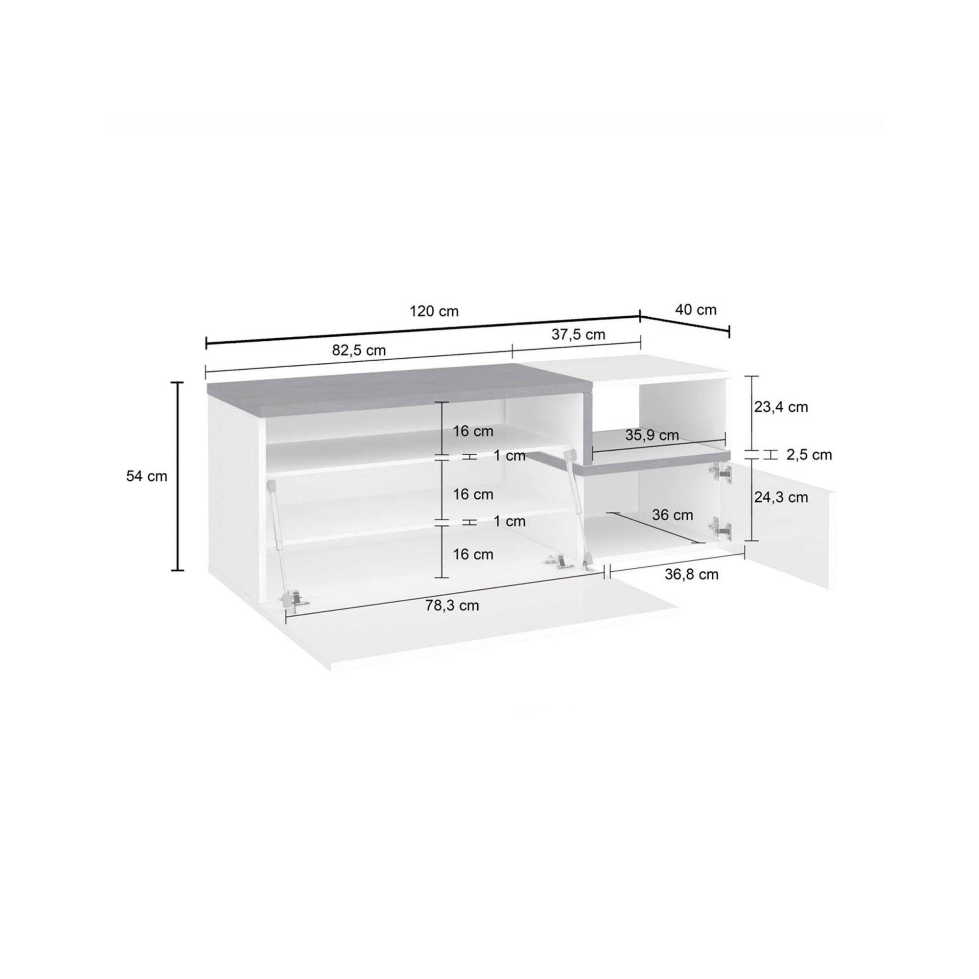 Mobile da Aska, Made in Italy, Scarpiera con ripiano, Panca a 2 ante, cm 120x40h54, Bianco lucido e Grigio Ardesia