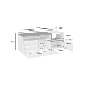 Mobile da Aska, Made in Italy, Scarpiera con ripiano, Panca a 2 ante, cm 120x40h54, Bianco lucido e Grigio Ardesia