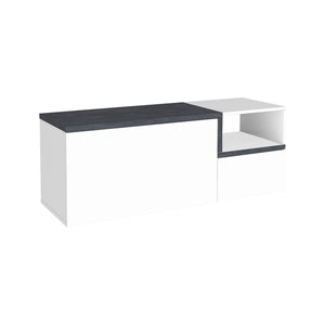 Mobile da Aska, Made in Italy, Scarpiera con ripiano, Panca a 2 ante, cm 120x40h54, Bianco lucido e Grigio Ardesia