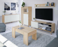 Vetrina Altavista, Vetrinetta moderna a 3 ante, Credenza da soggiorno o salotto, Madia alta con ripiani, cm 77x33h142, Rovere e Bianco