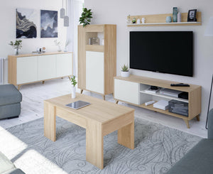 Vetrina Altavista, Vetrinetta moderna a 3 ante, Credenza da soggiorno o salotto, Madia alta con ripiani, cm 77x33h142, Rovere e Bianco