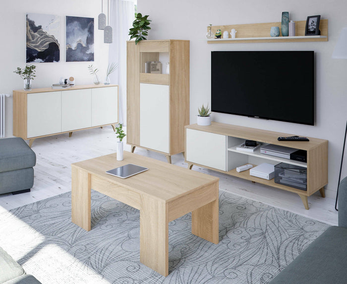 Vetrina Altavista, Vetrinetta moderna a 3 ante, Credenza da soggiorno o salotto, Madia alta con ripiani, cm 77x33h142, Rovere e Bianco