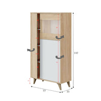 Vetrina Altavista, Vetrinetta moderna a 3 ante, Credenza da soggiorno o salotto, Madia alta con ripiani, cm 77x33h142, Rovere e Bianco