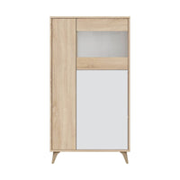 Vetrina Altavista, Vetrinetta moderna a 3 ante, Credenza da soggiorno o salotto, Madia alta con ripiani, cm 77x33h142, Rovere e Bianco