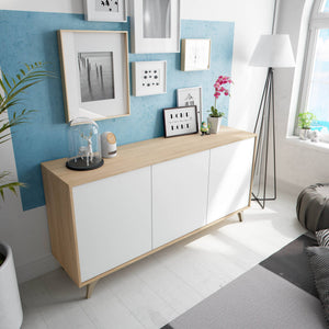 Credenza Acrolorum, Madia moderna a 3 ante e ripiani, Buffet da cucina, Buffet di design da soggiorno, cm 154x40h75, Rovere e Bianco