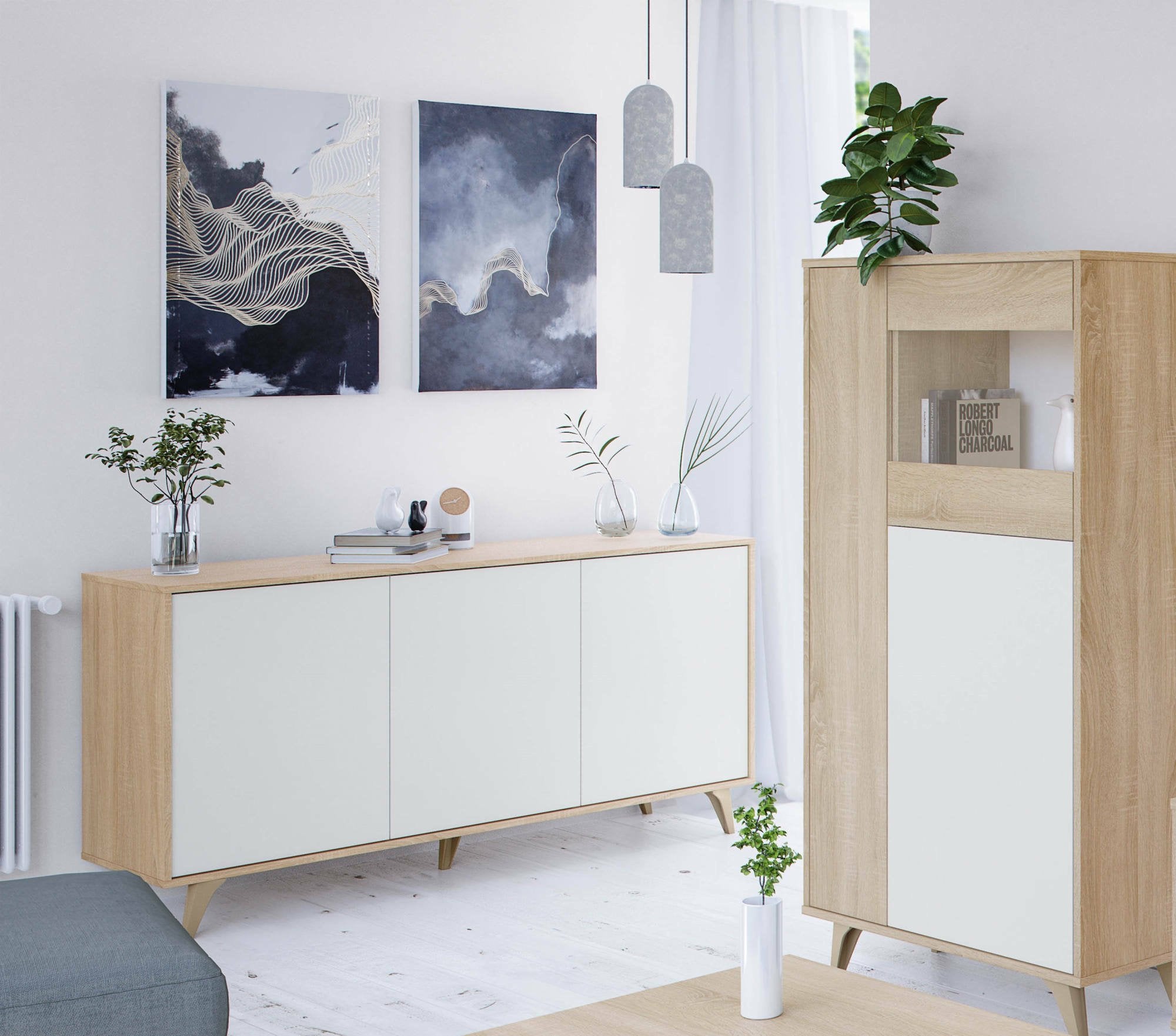 Credenza Acrolorum, Madia moderna a 3 ante e ripiani, Buffet da cucina, Buffet di design da soggiorno, cm 154x40h75, Rovere e Bianco