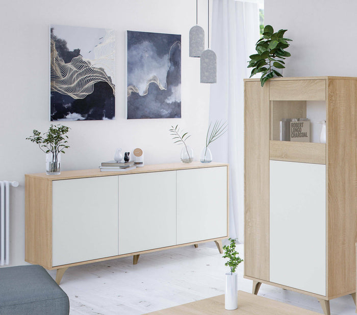 Credenza Acrolorum, Madia moderna a 3 ante e ripiani, Buffet da cucina, Buffet di design da soggiorno, cm 154x40h75, Rovere e Bianco