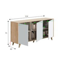 Credenza Acrolorum, Madia moderna a 3 ante e ripiani, Buffet da cucina, Buffet di design da soggiorno, cm 154x40h75, Rovere e Bianco