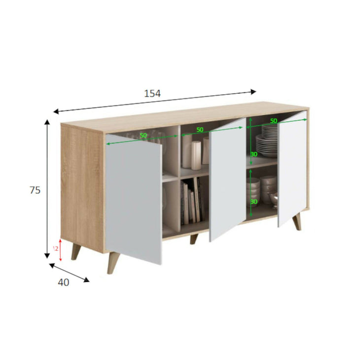 Credenza Acrolorum, Madia moderna a 3 ante e ripiani, Buffet da cucina, Buffet di design da soggiorno, cm 154x40h75, Rovere e Bianco