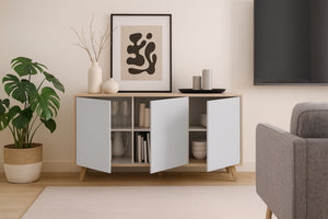 Credenza Acrolorum, Madia moderna a 3 ante e ripiani, Buffet da cucina, Buffet di design da soggiorno, cm 154x40h75, Rovere e Bianco