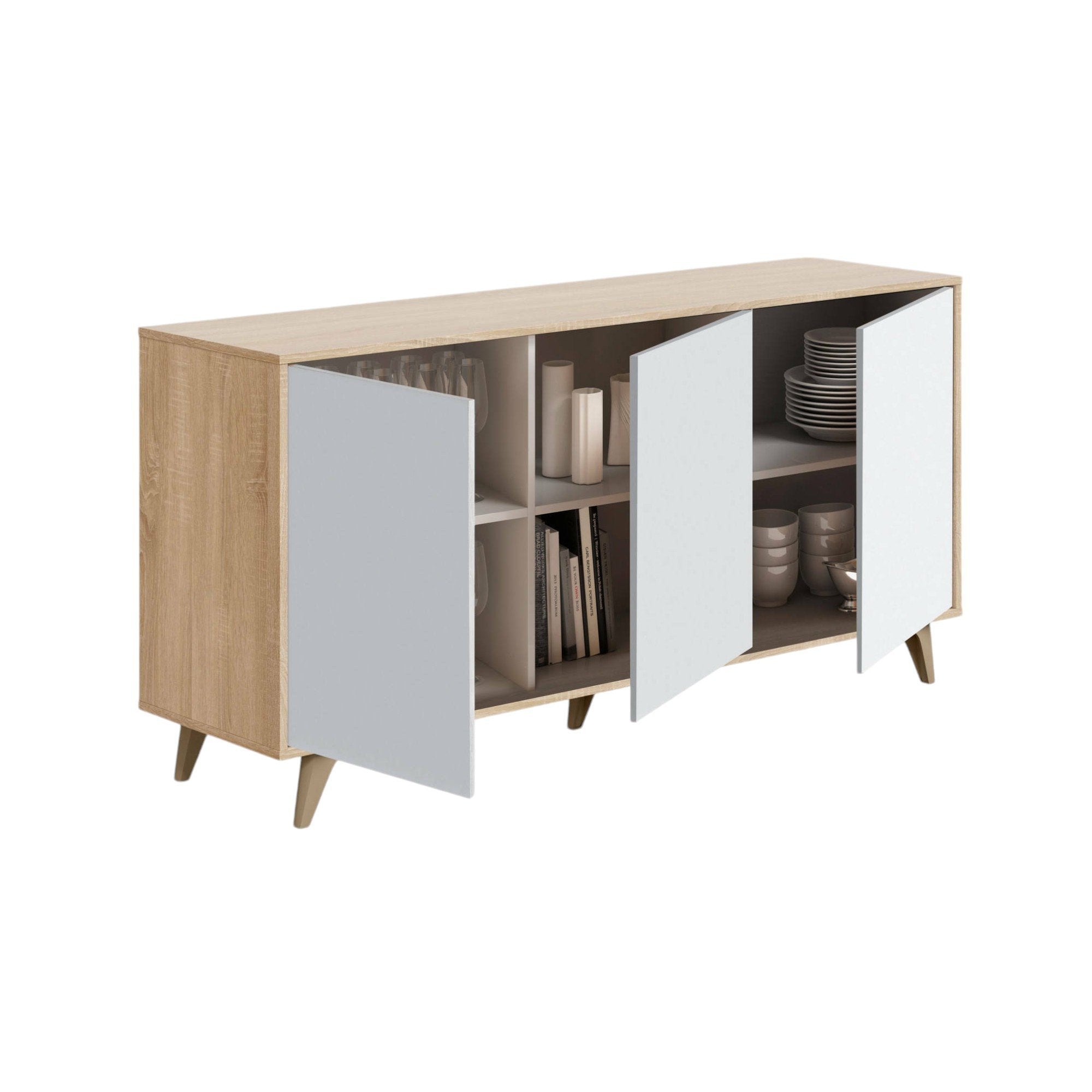Credenza Acrolorum, Madia moderna a 3 ante e ripiani, Buffet da cucina, Buffet di design da soggiorno, cm 154x40h75, Rovere e Bianco