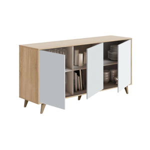 Credenza Acrolorum, Madia moderna a 3 ante e ripiani, Buffet da cucina, Buffet di design da soggiorno, cm 154x40h75, Rovere e Bianco