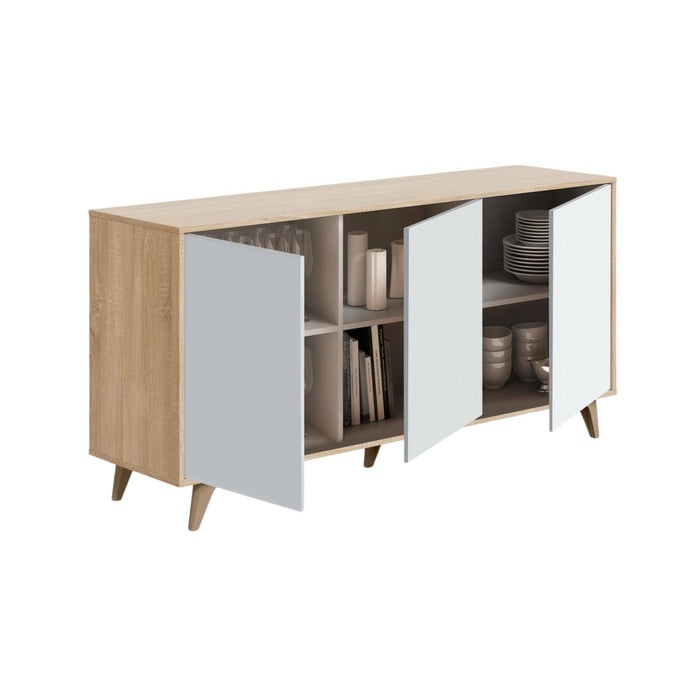 Credenza Acrolorum, Madia moderna a 3 ante e ripiani, Buffet da cucina, Buffet di design da soggiorno, cm 154x40h75, Rovere e Bianco