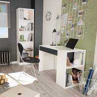 Scrivania Attila, Scrittoio reversibile con cassetto, Tavolo da studio o ufficio porta PC, cm 101x50h73, Bianco e Antracite