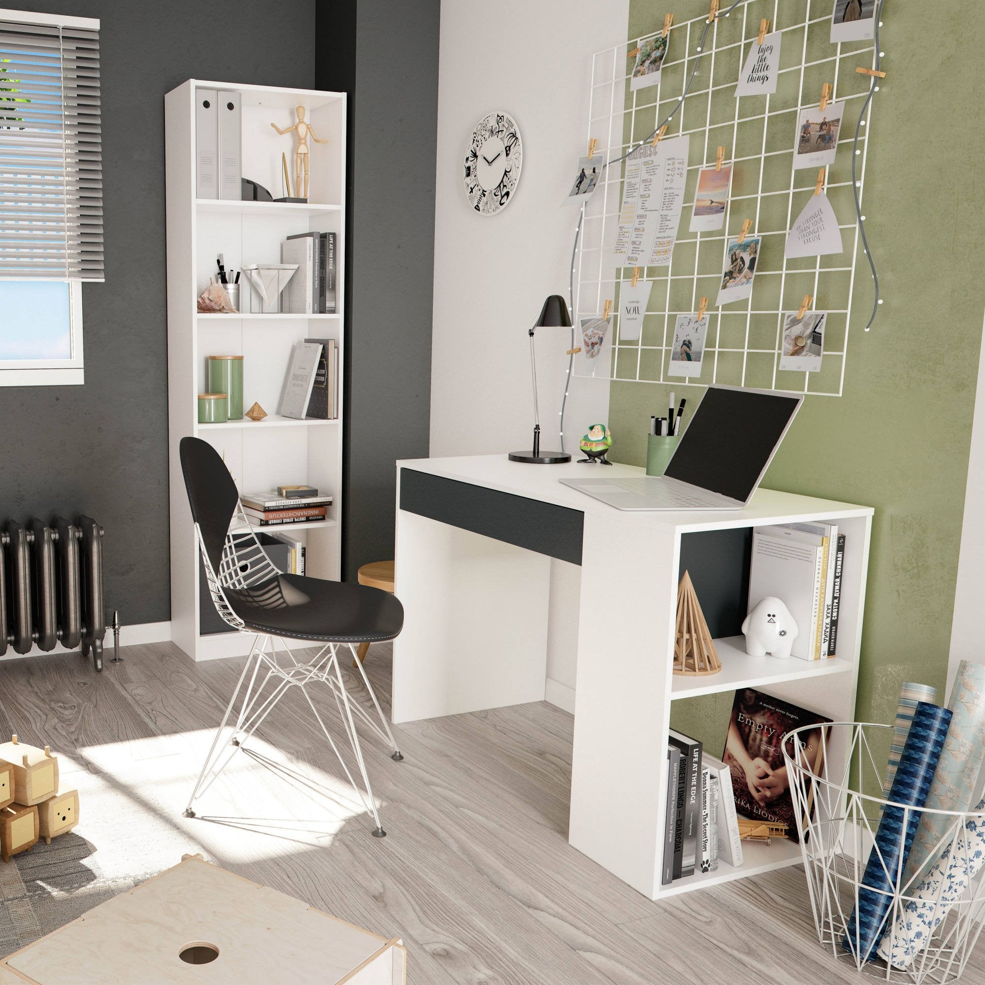 Scrivania Attila, Scrittoio reversibile con cassetto, Tavolo da studio o ufficio porta PC, cm 101x50h73, Bianco e Antracite