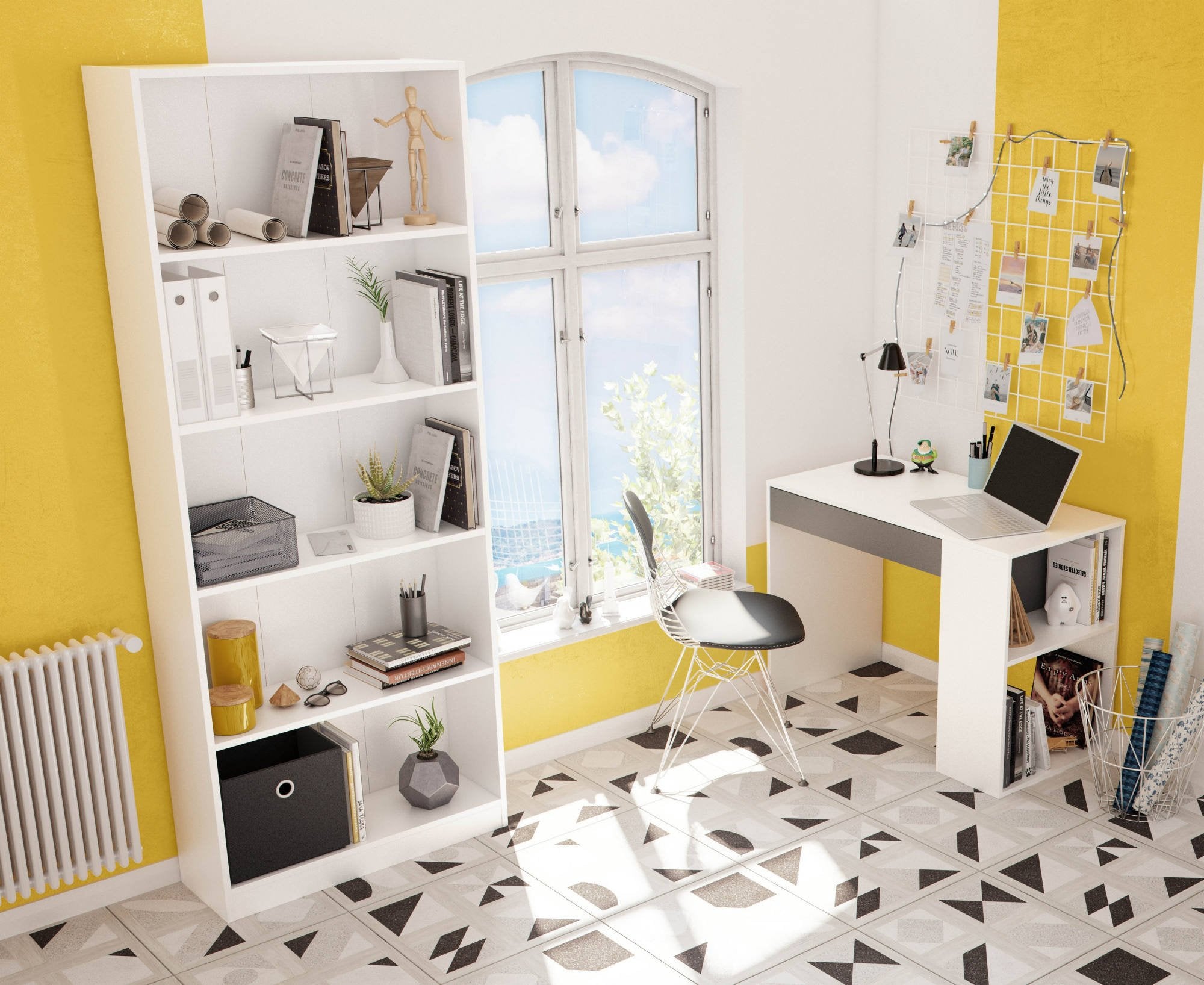 Scrivania Attila, Scrittoio reversibile con cassetto, Tavolo da studio o ufficio porta PC, cm 101x50h73, Bianco e Antracite