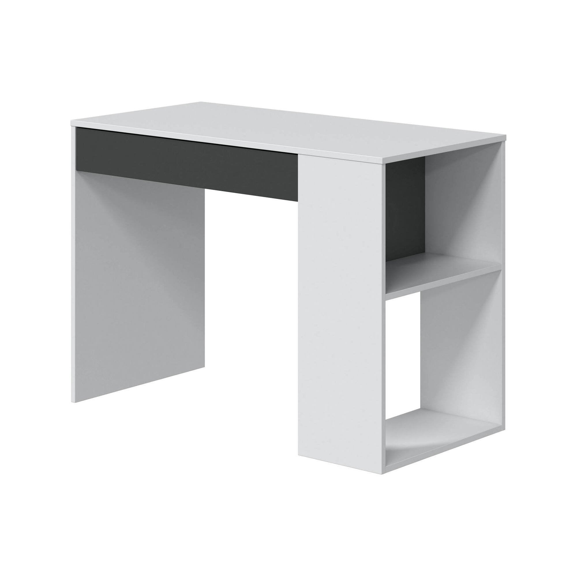 Scrivania Attila, Scrittoio reversibile con cassetto, Tavolo da studio o ufficio porta PC, cm 101x50h73, Bianco e Antracite