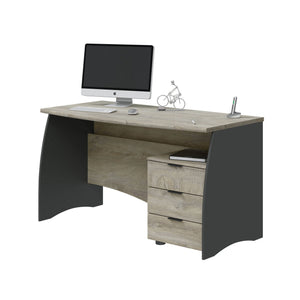 Scrivania Azziz, Scrittoio da ufficio, Tavolo da studio porta PC con 3 cassetti, cm 136x67h74, Rovere e Antracite