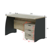 Scrivania Azziz, Scrittoio da ufficio, Tavolo da studio porta PC con 3 cassetti, cm 136x67h74, Rovere e Antracite