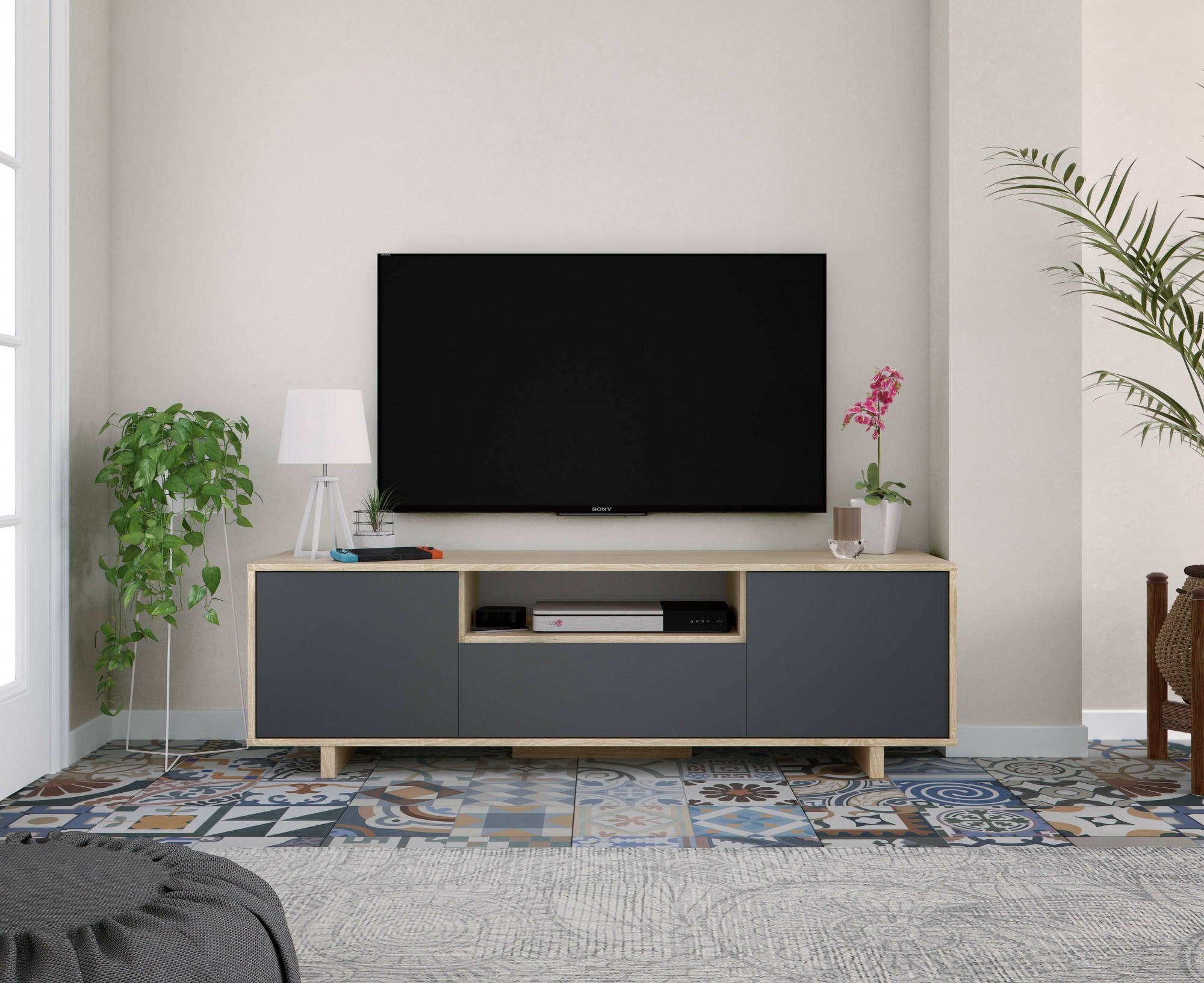 Mobile porta TV Andalusia, Credenza per televisione da soggiorno, Supporto TV a 3 ante, Credenza bassa da salotto, cm 150x41h46, Rovere