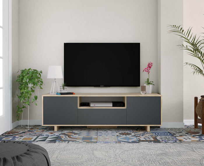 Mobile porta TV Andalusia, Credenza per televisione da soggiorno, Supporto TV a 3 ante, Credenza bassa da salotto, cm 150x41h46, Rovere