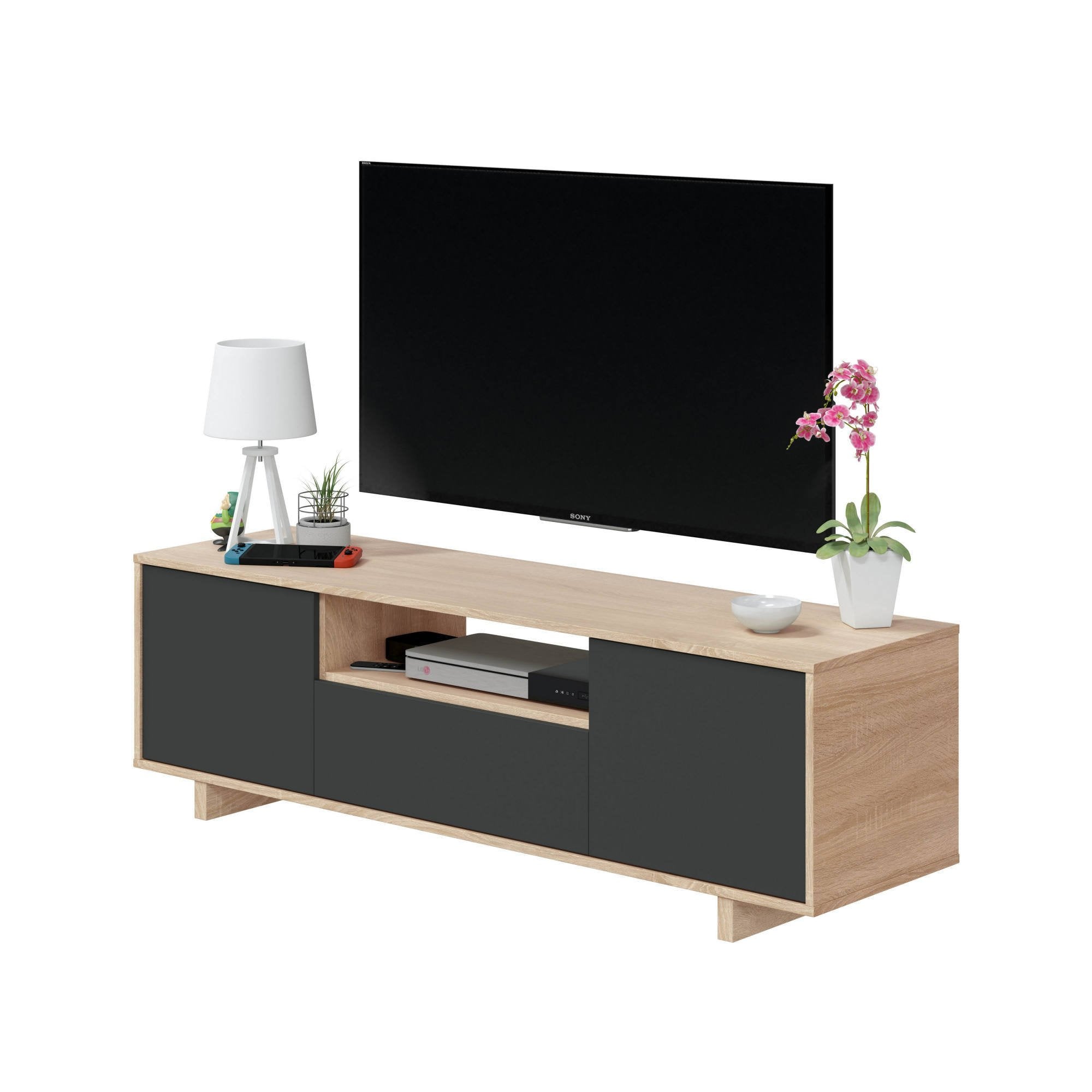 Mobile porta TV Andalusia, Credenza per televisione da soggiorno, Supporto TV a 3 ante, Credenza bassa da salotto, cm 150x41h46, Rovere