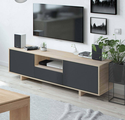 Mobile porta TV Andalusia, Credenza per televisione da soggiorno, Supporto TV a 3 ante, Credenza bassa da salotto, cm 150x41h46, Rovere
