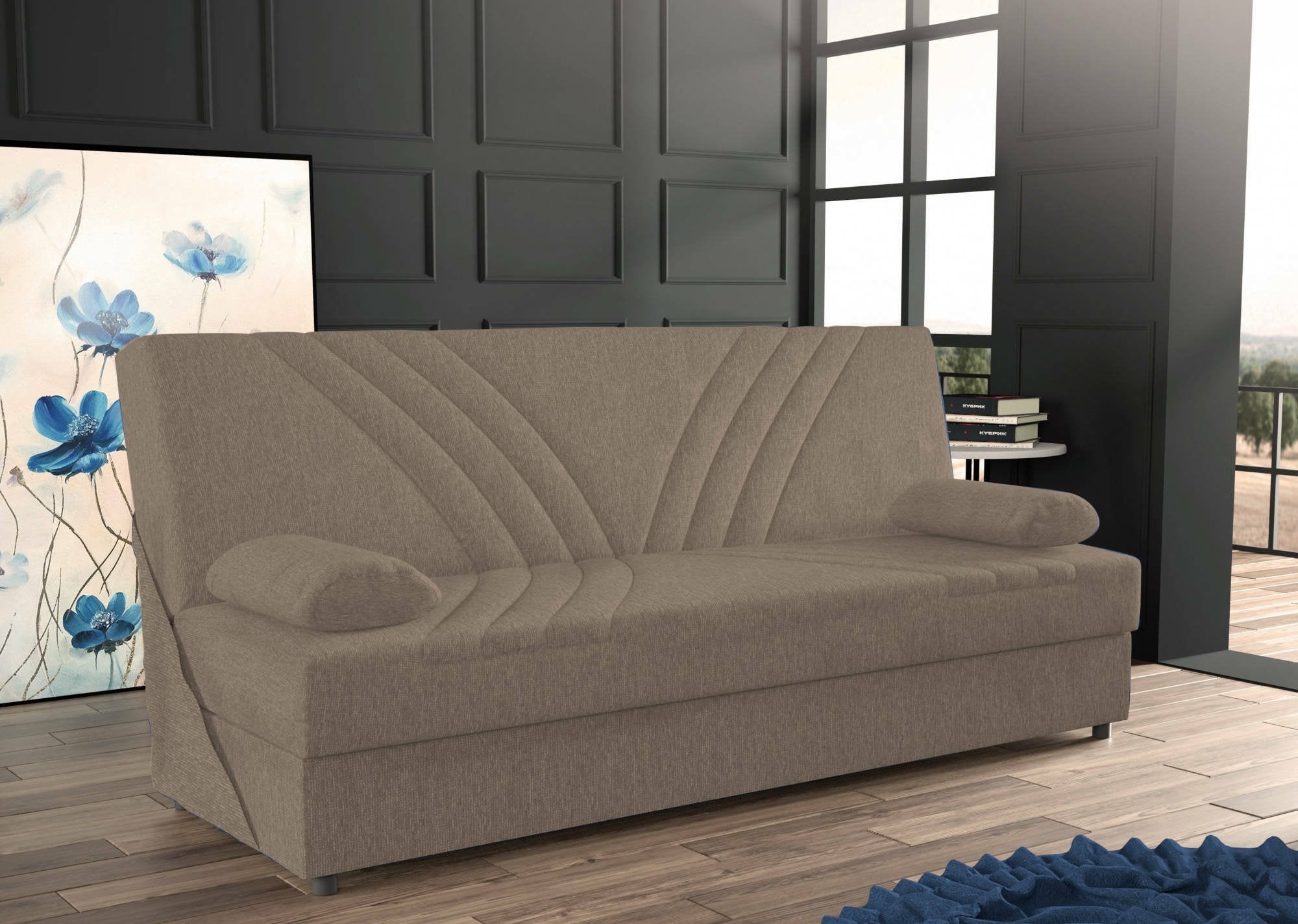 Divano letto Apicella, Divano letto contenitore a 3 posti con 2 cuscini inclusi, SofÒ  da soggiorno in tessuto imbottito con apertura click-clack, Cm 181x81h88, Beige