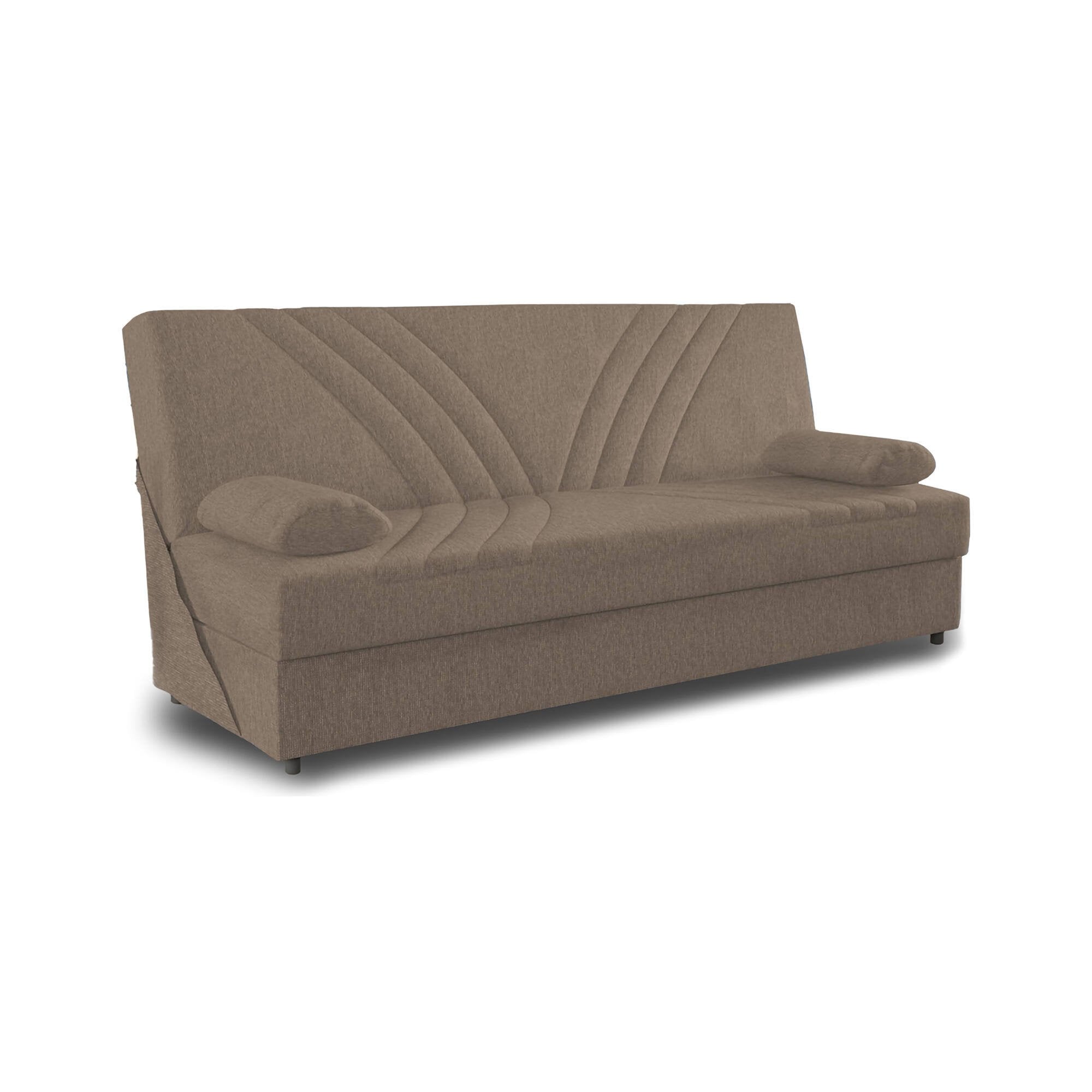 Divano letto Apicella, Divano letto contenitore a 3 posti con 2 cuscini inclusi, SofÒ  da soggiorno in tessuto imbottito con apertura click-clack, Cm 181x81h88, Beige