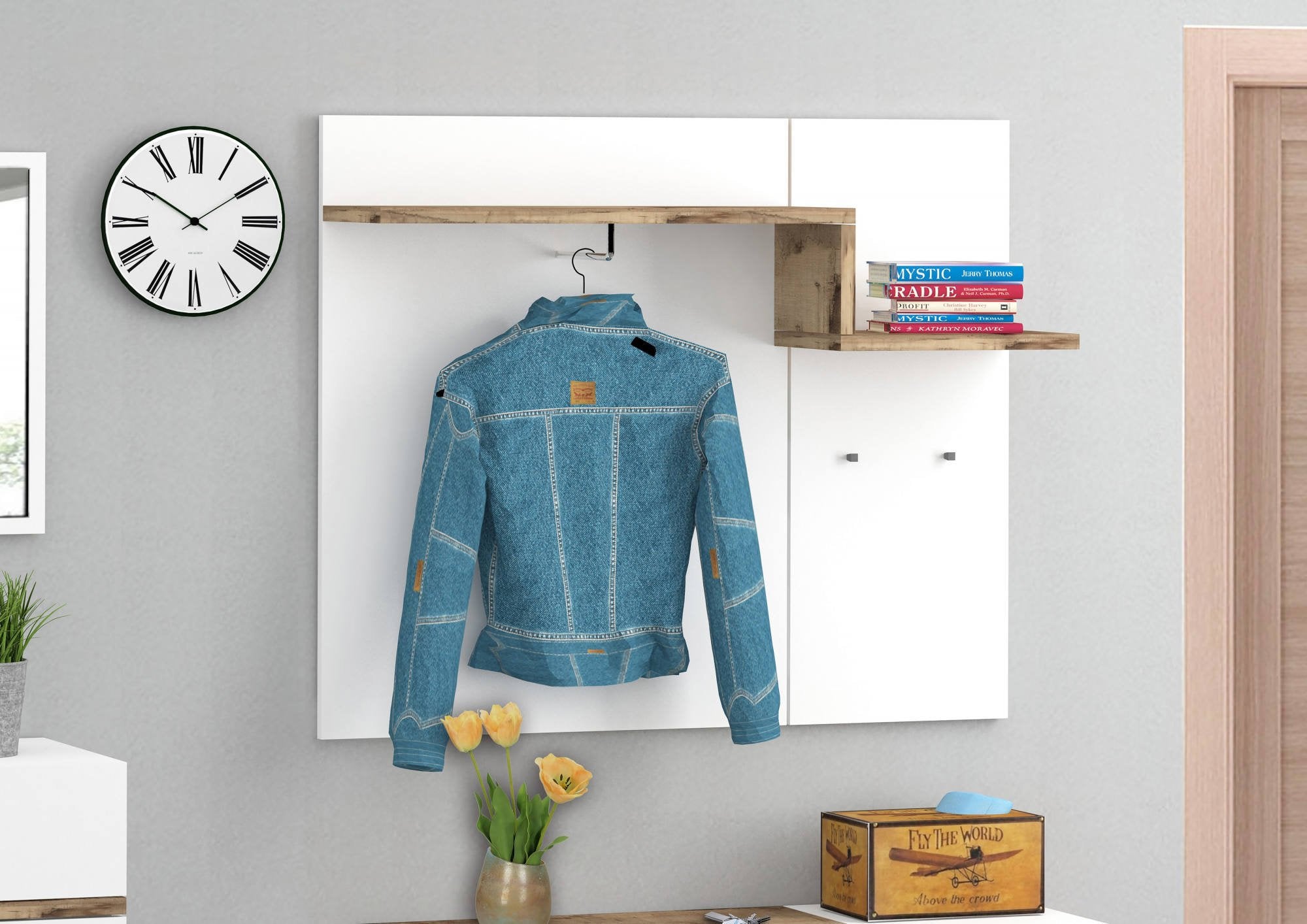 Mobile da ingresso Graziella, Made in Italy, Entratina con appendiabiti e scarpiera, Porta TV, cm 120x40h54, Bianco lucido e Acero