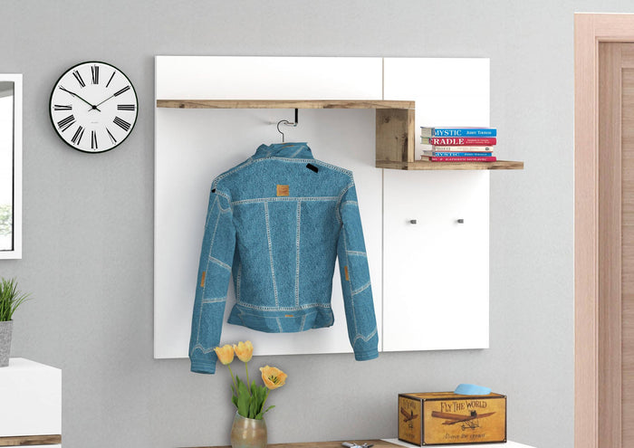 Mobile da ingresso Graziella, Made in Italy, Entratina con appendiabiti e scarpiera, Porta TV, cm 120x40h54, Bianco lucido e Acero