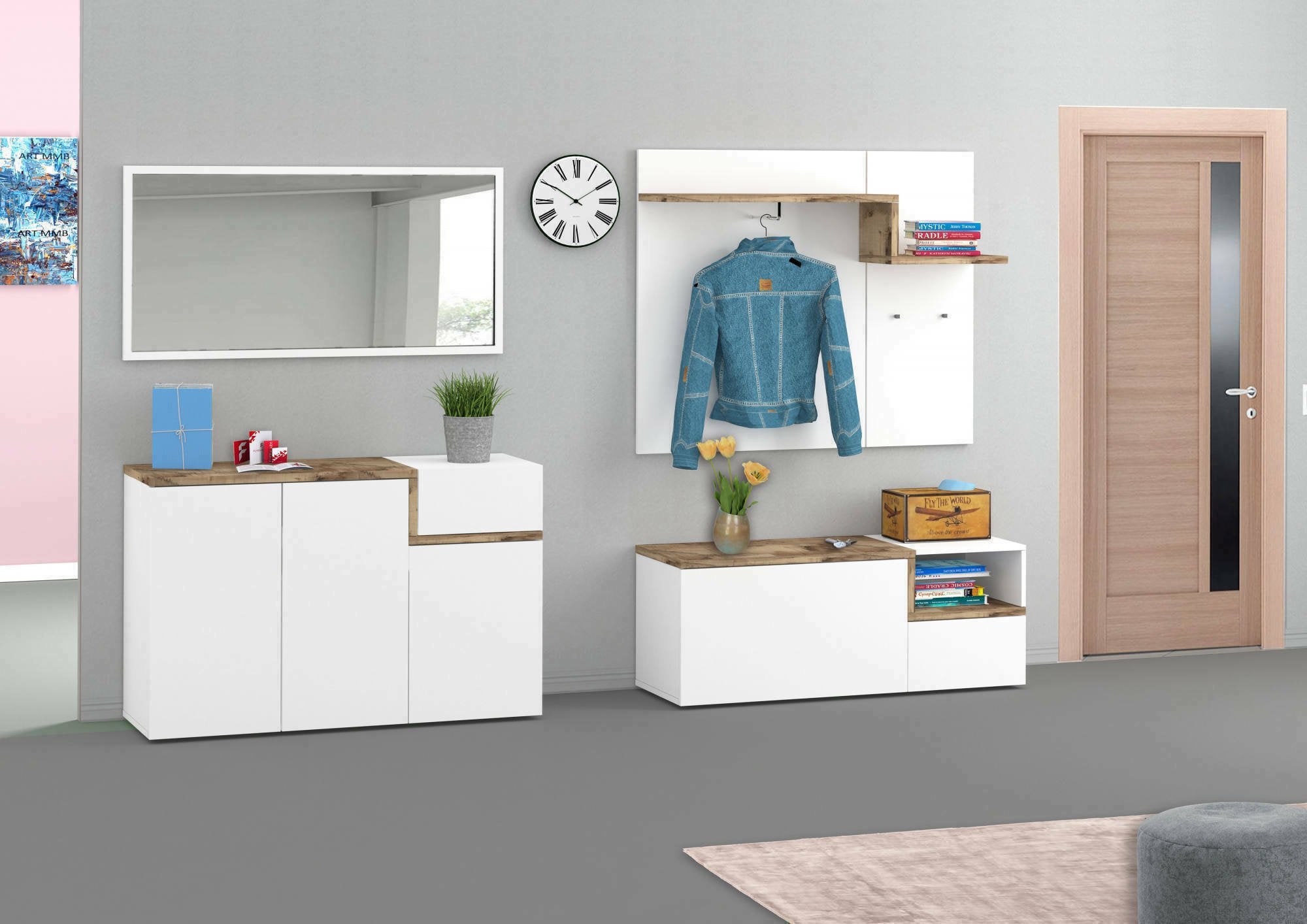 Mobile da ingresso Graziella, Made in Italy, Entratina con appendiabiti e scarpiera, Porta TV, cm 120x40h54, Bianco lucido e Acero