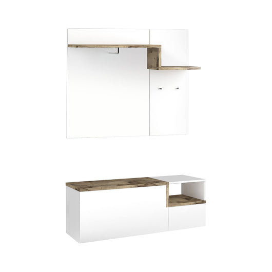Mobile da ingresso Graziella, Made in Italy, Entratina con appendiabiti e scarpiera, Porta TV, cm 120x40h54, Bianco lucido e Acero