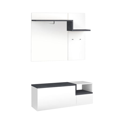 Mobile da ingresso Graziella, Made in Italy, Entratina con appendiabiti e scarpiera, Porta TV, cm 120x40h54, Bianco lucido e Grigio Ardesia