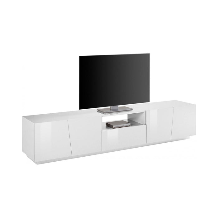 Mobile da soggiorno Porta Azzurras, Made in Italy, Credenza per Azzurras da salotto a 4 ante e 1 cassetto, cm 220x43h46, Bianco lucido