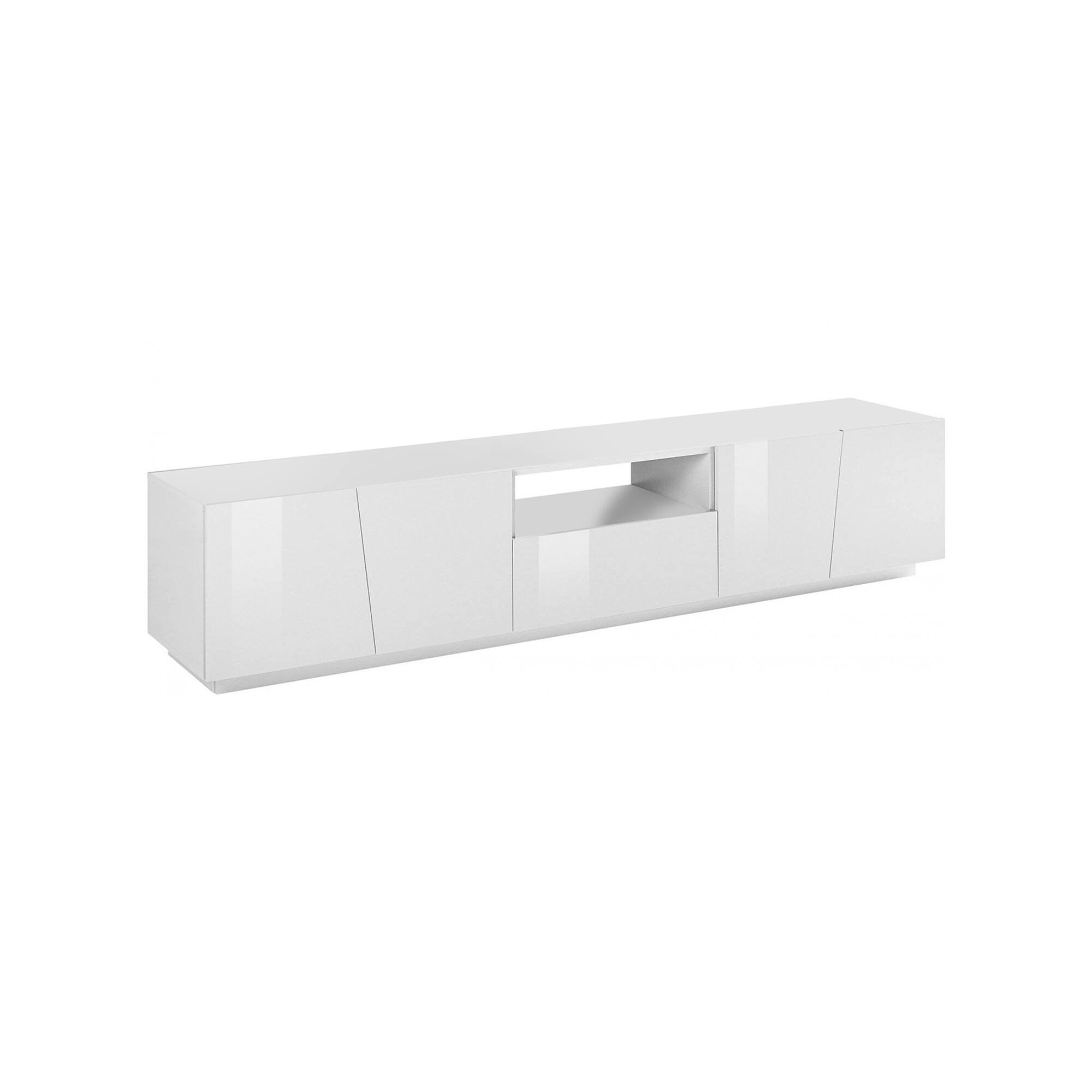 Mobile da soggiorno Porta Azzurras, Made in Italy, Credenza per Azzurras da salotto a 4 ante e 1 cassetto, cm 220x43h46, Bianco lucido