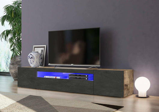 Mobile da soggiorno Porta Amore, Made in Italy, Supporto per Amore da salotto a 3 ante e ripiani, cm 200x40h37, Acero e Ardesia, con luce LED blu