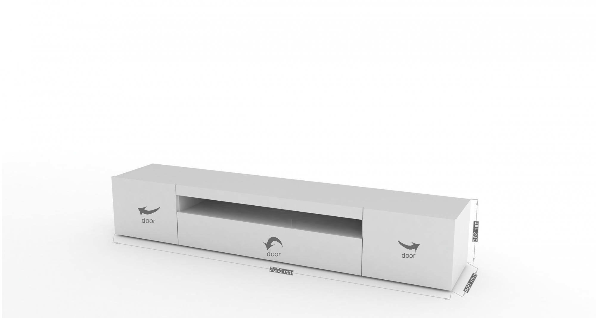 Mobile da soggiorno Porta Amore, Made in Italy, Supporto per Amore da salotto a 3 ante e ripiani, cm 200x40h37, Bianco lucido, con luce LED blu