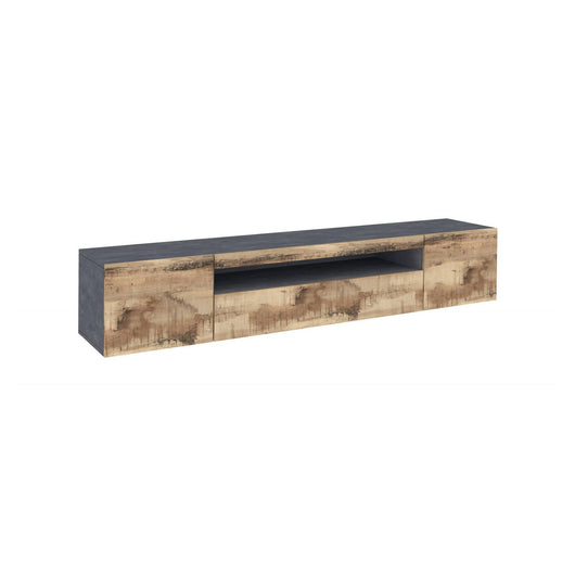 Mobile da soggiorno Porta Artropodi, Made in Italy, Credenza per Artropodi in stile industrial a 3 ante, cm 200x40h37, Ardesia e Acero, con luce LED blu