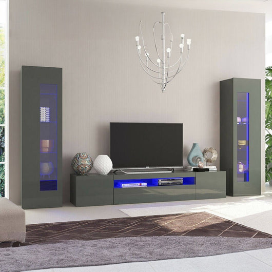 Parete attrezzata da soggiorno Aslhey, Made in Italy, Mobile porta TV, Set salotto moderno, cm 300x40h162, Antracite lucido