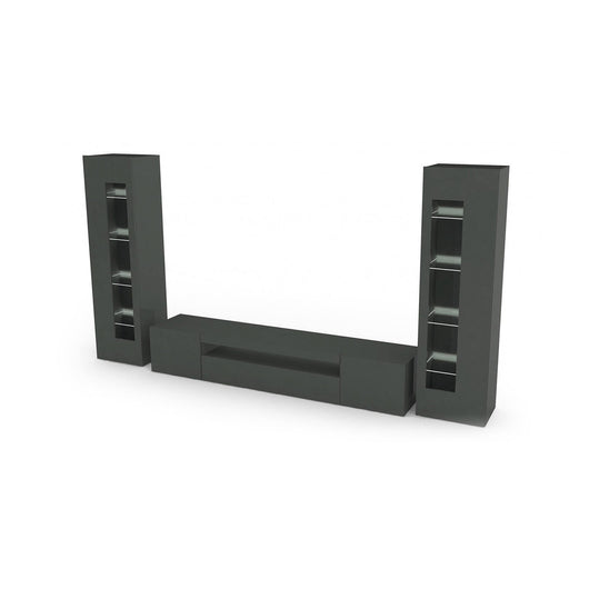 Parete attrezzata da soggiorno Aslhey, Made in Italy, Mobile porta TV, Set salotto moderno, cm 300x40h162, Antracite lucido